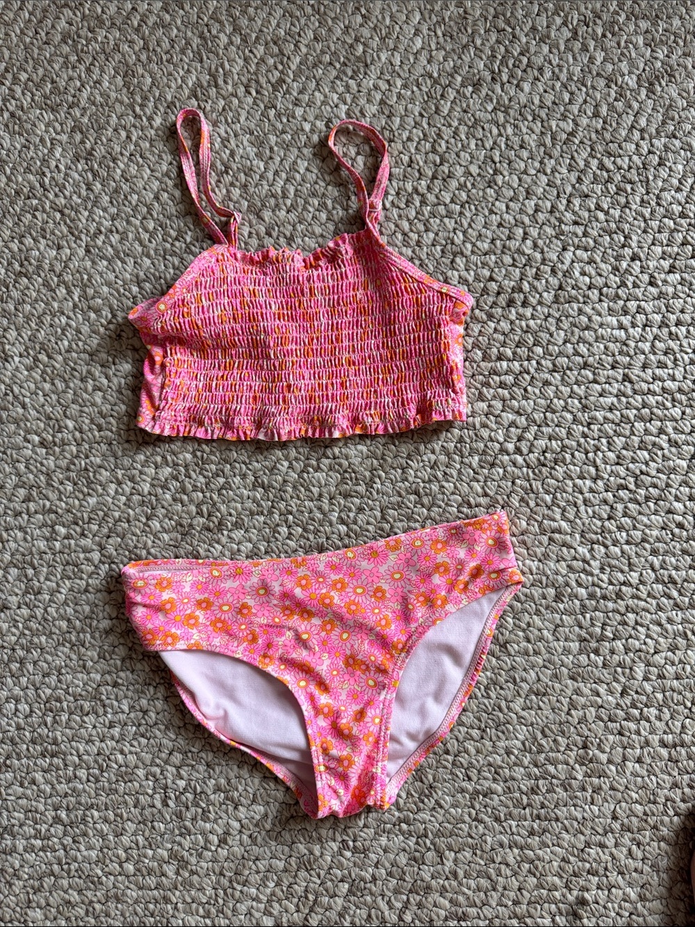 Girls Pink Floral Smocked Bikini Set - Two-Piece Swimwear